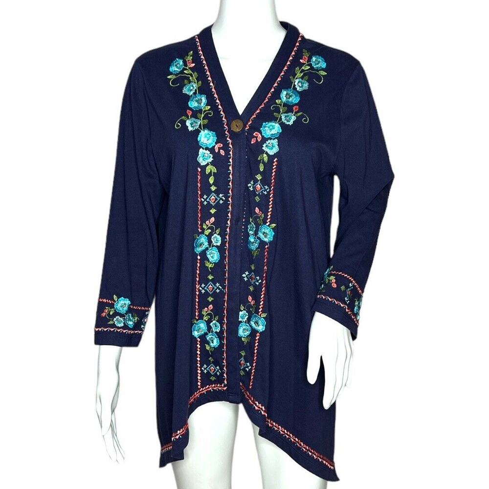 Coldwater Creek Sweater Women Small Navy Blue Embroider Floral Cardigan Bohemian